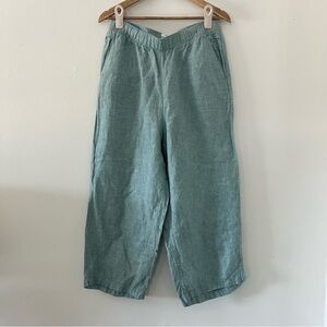 100% Linen Wide Leg Cropped Pants Women's L Blue Cynthia Rowley Boho High Waist